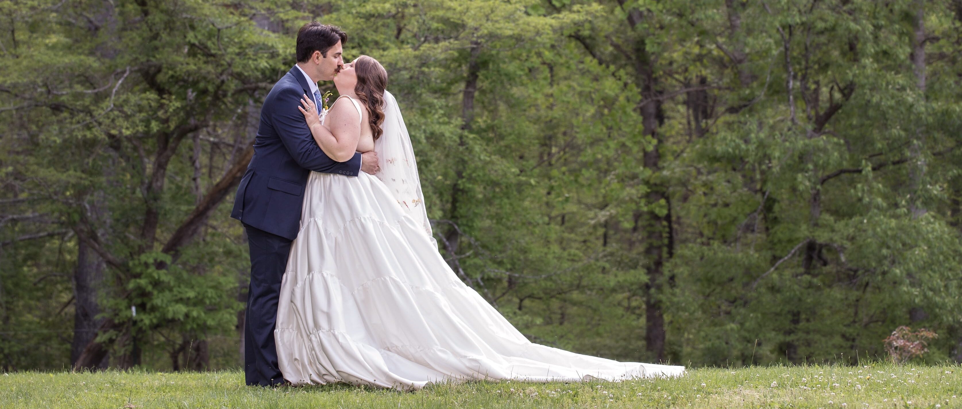A bride and groom kissing