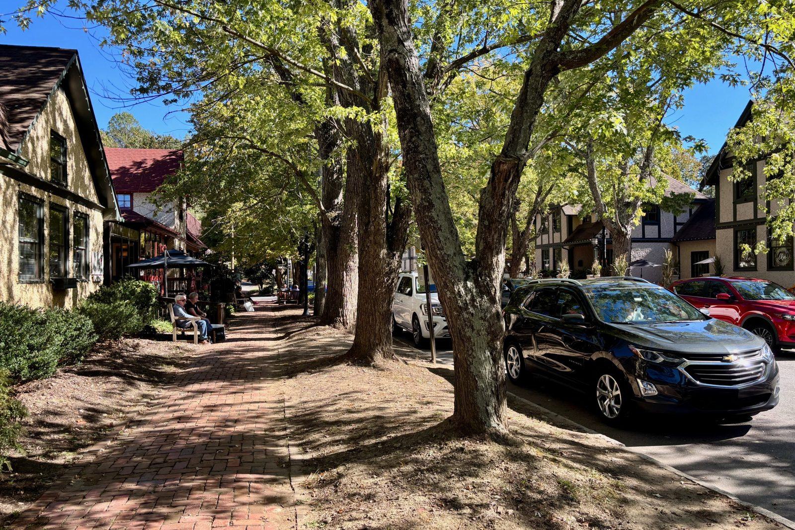 historic-biltmore-village-tree-lined-street Brick sidewalk under shade trees along the shops of Historic Biltmore Village in Asheville