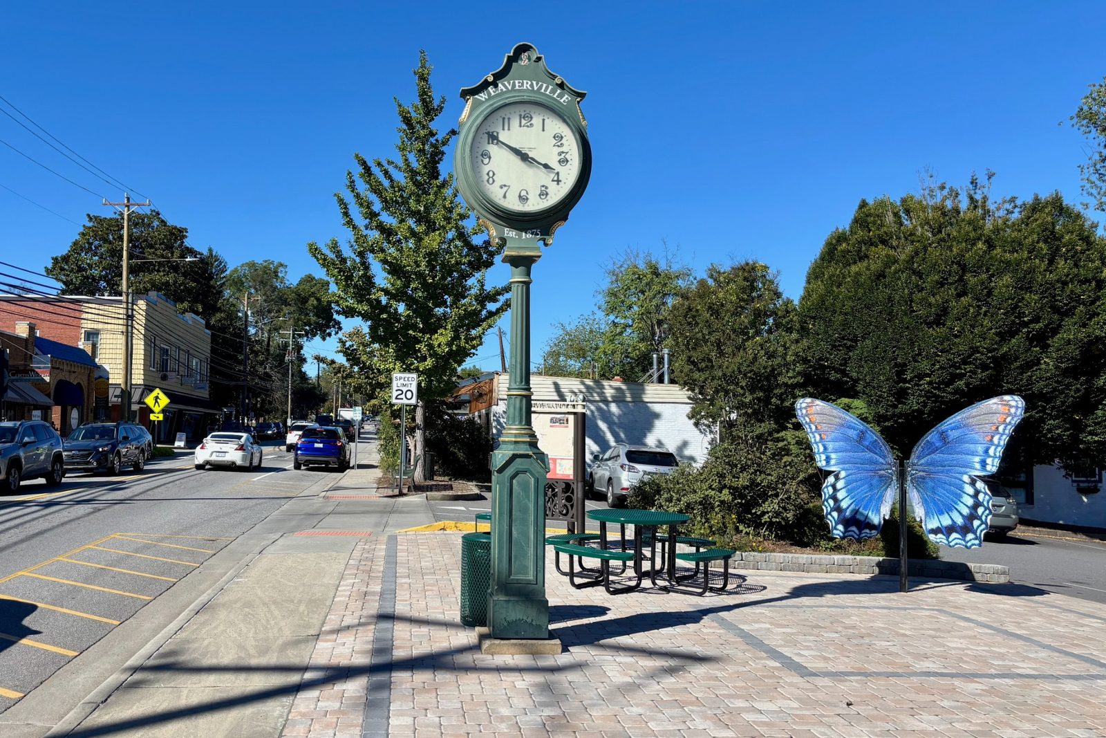 weaverville-main-street-clock-butterfly The Weaverville town clock and blue butterfly sculpture on Main Street on a sunny fall day